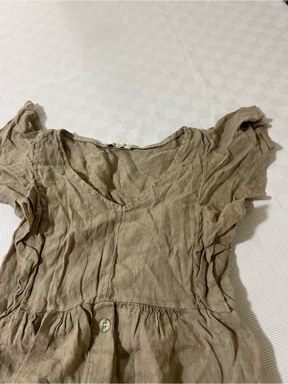 V-Neck Olive Green Button-Front Ruffle Sleeve Mini Dress - Picture 3 of 6